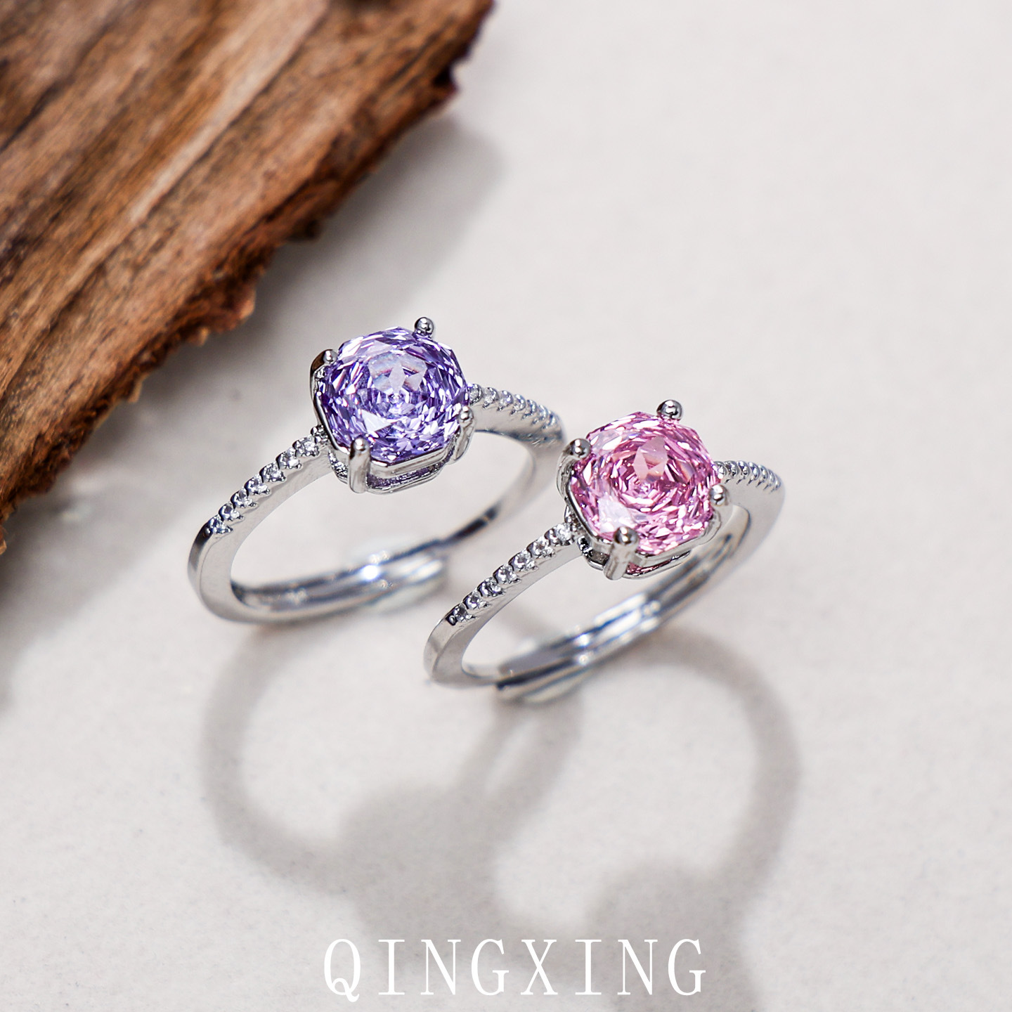 Modischer und hochwertiger Millennium-Ring im Rosenschliff mit verstellbarem, leicht luxuriösem rosa Diamant und violettem Zirkon für Mädchen_voghion.com