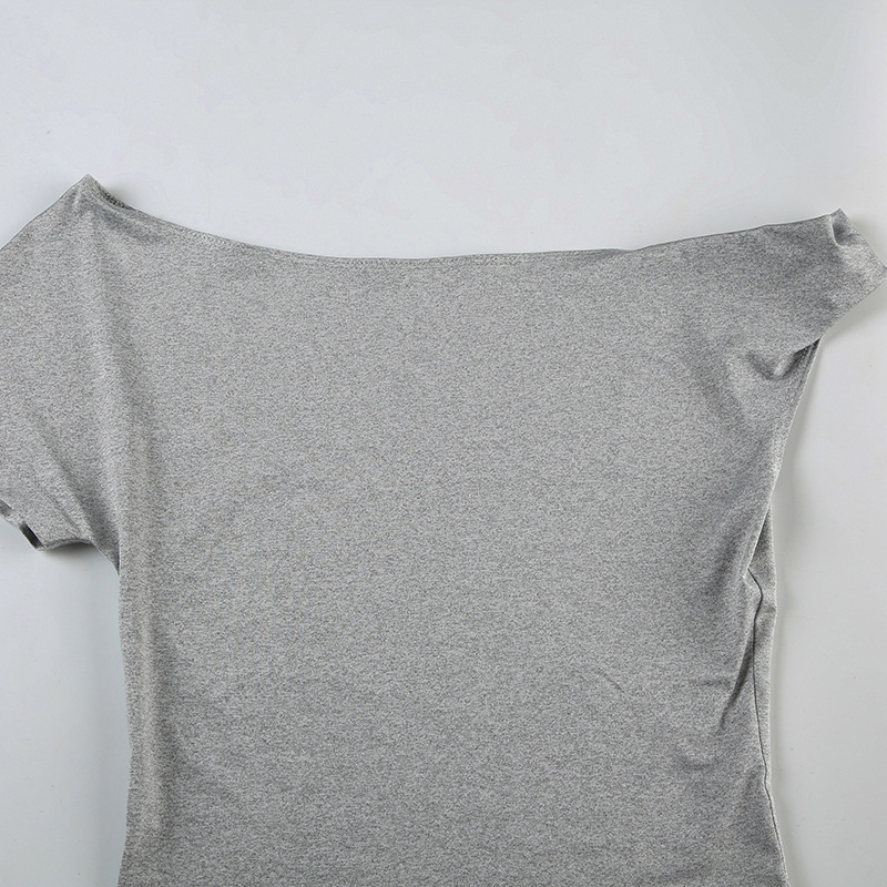 Summer Solid Color Basic Shoulder Short Sleeve Irregular Asymmetric Simple Casual T shirt off the Shoulder Short Top Women