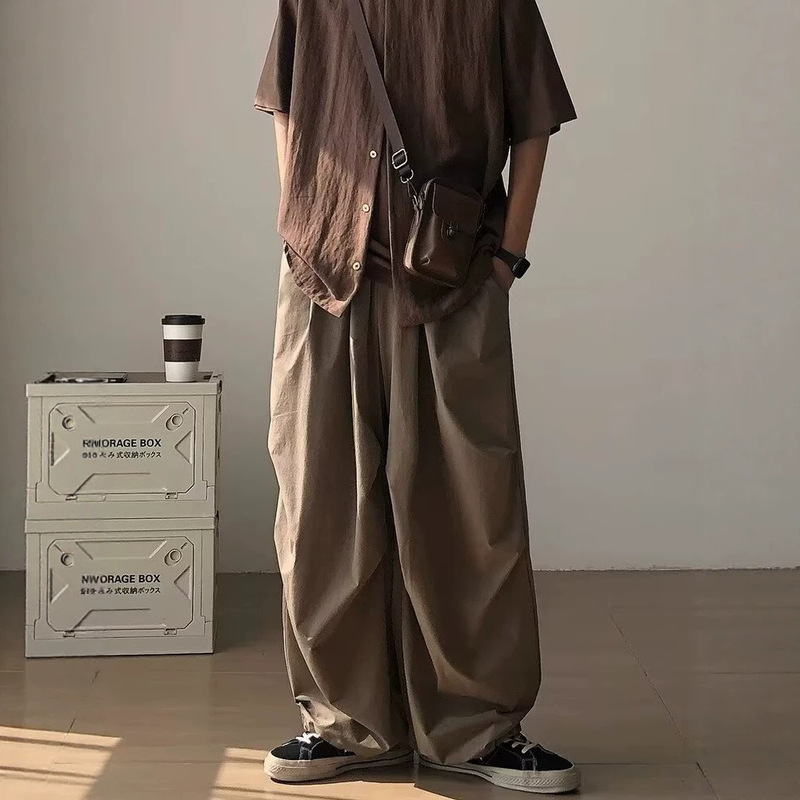 Japanese-Style Work Pants for Men, Summer Thin Brown Pants, Couple Style, Loose Wide-Leg Casual Long Pants Japanese-Style Work Pants for Men, Summer Thin Brown Pants, Couple Style, Loose Wide-Leg Casual Long Pants