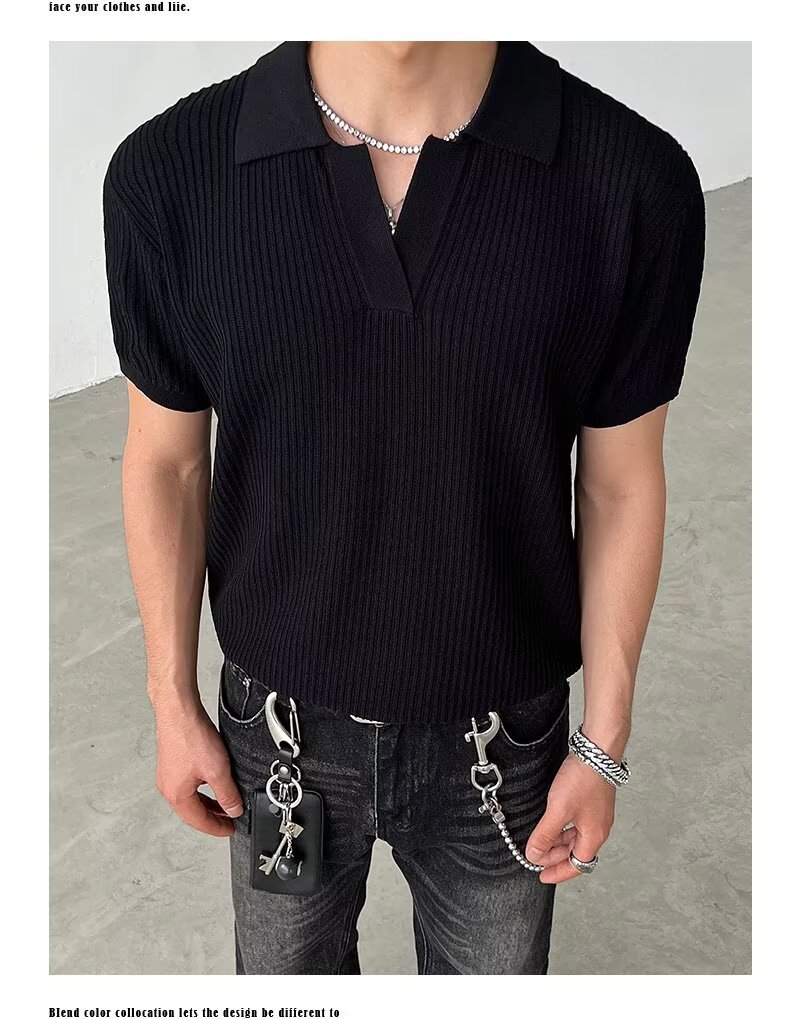 Vintage viejo estilo de dinero rayado textura solapa de manga corta camisa POLO de punto para hombre camiseta delgada de hombro recto estilo fino de verano