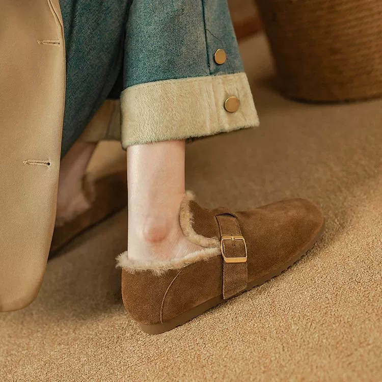 Французский стиль 2024 новый зимний круглый кожаный плоский фон ретро Lefu обувь овечья шерсть обувь теплая бобовая обувь женщина