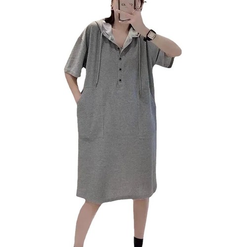 Summer New Solid Color A-line Hooded Casual Plus Size Dress European Style Short Sleeve T-shirt Dress Medium-long Length Skirt Trendy