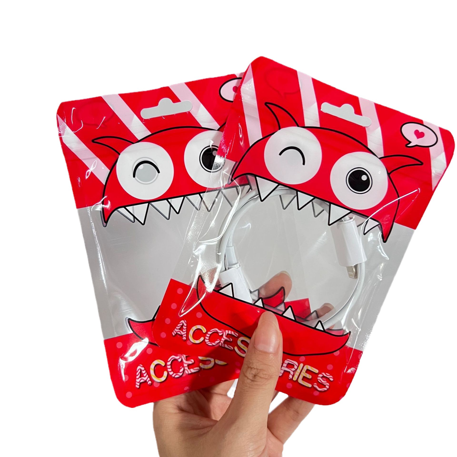 可爱卡通怪兽饰品包装袋双面透明数据线耳机线自封袋黑色阴阳骨袋