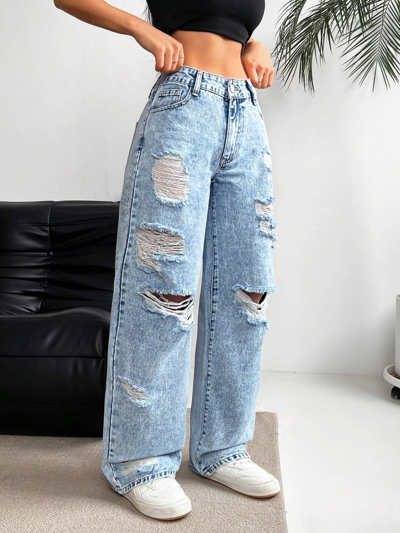 ​​Women's Relaxed Fit Straight Leg Jeans - Vintage Washed Denim, Wide Leg Comfort, Street Style Casual Pants For Everyday Wear​​_ecoleips.com