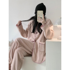 法式小香风少女珊瑚绒睡衣女秋冬季新款加绒加厚保暖家居服套装潮
