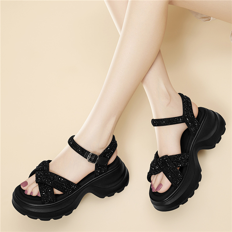 Sandal cao gót nữ đế dày platform quai chéo đính đá hở mũi — 6165 Hạnh Phúc, 6165 Da đen