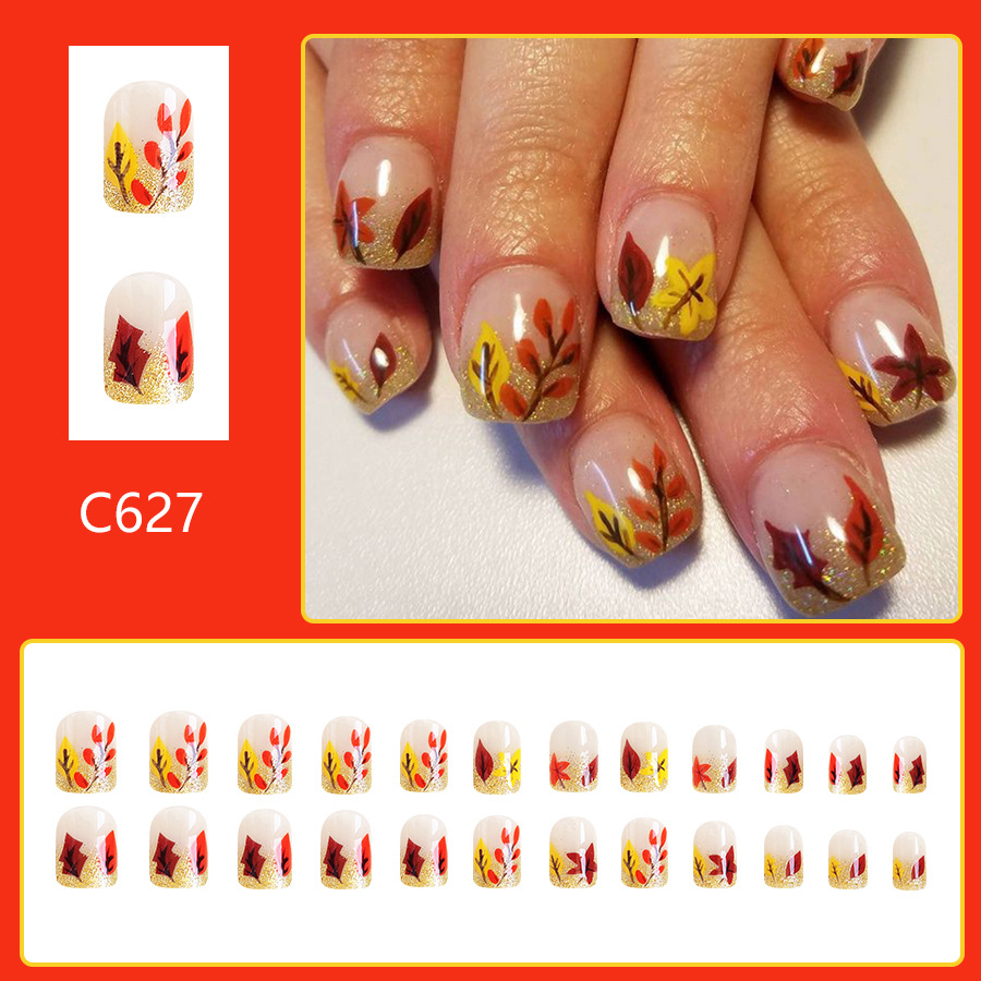 Short Gloss Square Armor European and American Cross-border Foreign Trade Golden Glitter Maple Leaf Autumn and Winter Removable Wear Manicure 24 Piece_voghion.com