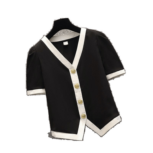 Black and White Striped Short Sleeve Women's Summer Fat Design Sense Loose Casual Chiffon Shirt Little Black Dress Style Shirt