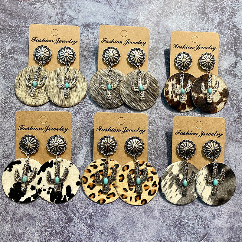 Inlay Design 1 Pair Bohemian Cactus Alloy Leather Inlay Turquoise Women's Drop Earrings