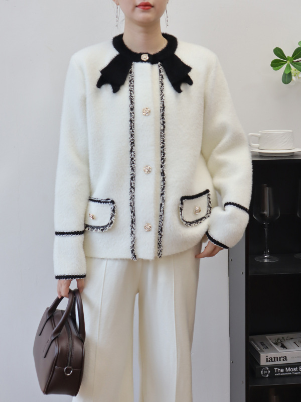 小香风气质毛衣外套女2025秋冬新款蝴蝶结长袖仿水貂绒针织开衫潮|undefined