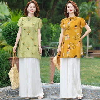 2025新款妈妈夏装套装洋气时尚上衣两件套中老年人女夏季短袖t恤