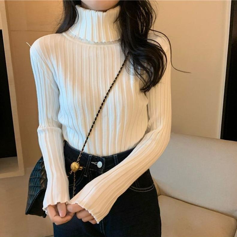 Autumn and Winter New Korean-style Turtleneck Sweater Women's Lazy Style All-match Beige Vertical Stripe Knitted Base Shirt Pullover Top Autumn and Winter New Korean-style Turtleneck Sweater Women's Lazy Style All-match Beige Vertical Stripe Knitted Base Shirt Pullover Top
