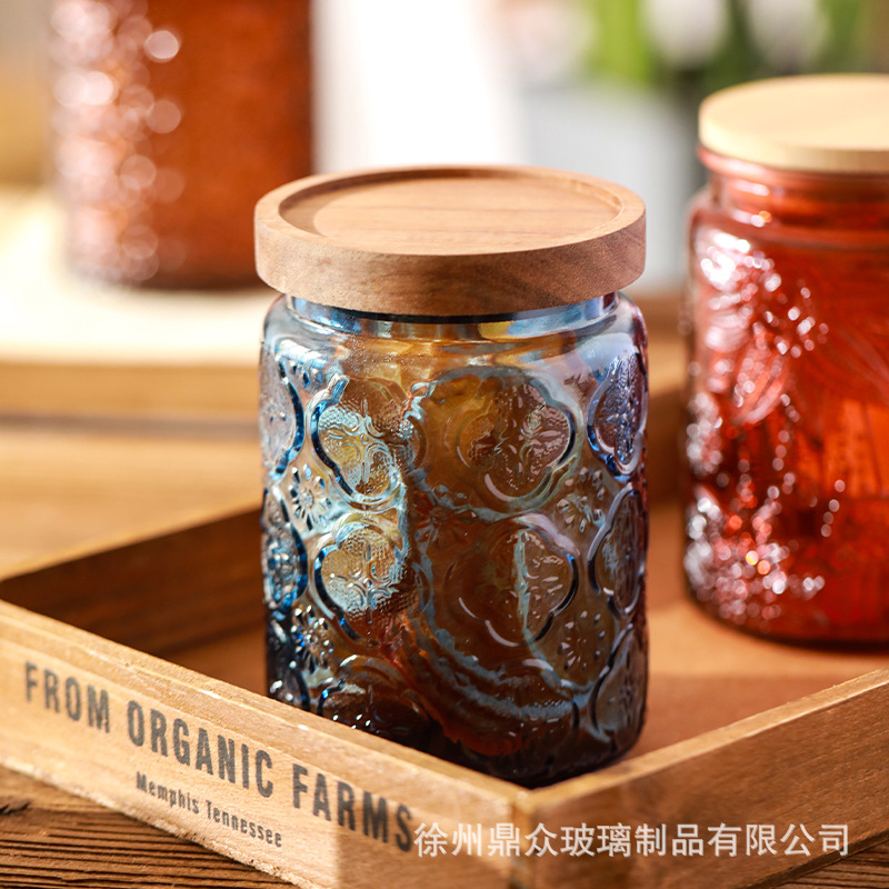 Relieve vidrio de color sellado tarro hogar cocina granos té almacenamiento tanque 700 ml en stock al por mayor