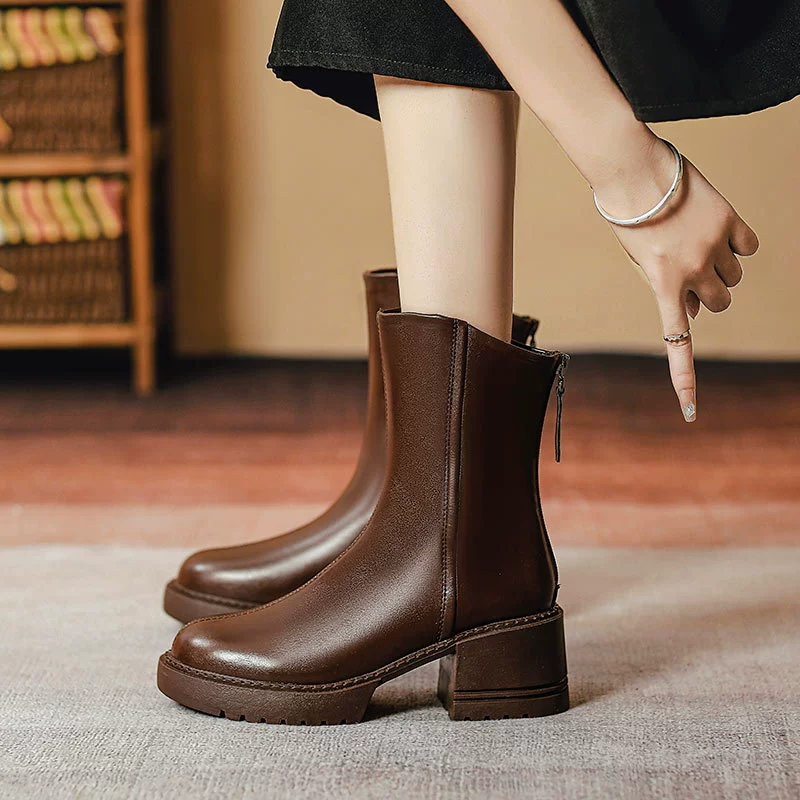 Женские короткие ботинки на толстом каблуке, весенние и осенние одинарные ботинки, коричневые ботинки Мартин на толстой подошве, новые женские ботинки до середины икры в британском стиле 2025 года.