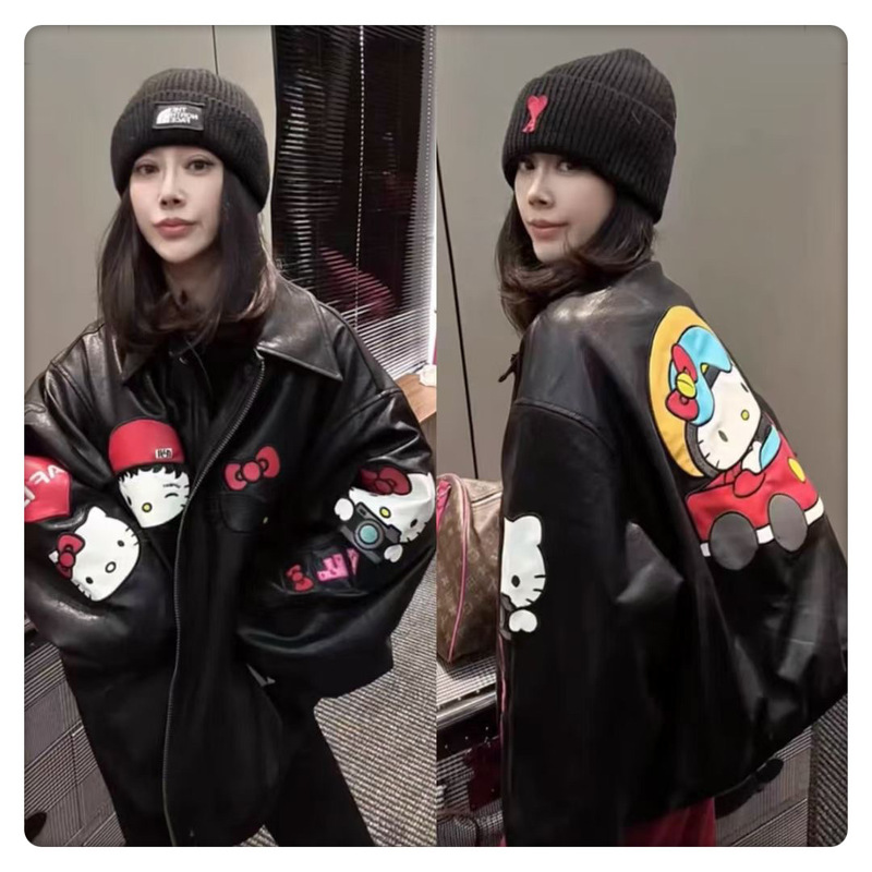 European PU Leather Jacket Women's 2025 Spring New Black Heavy Embroidered Cartoon Cat Loose Jacket Trendy European PU Leather Jacket Women's 2025 Spring New Black Heavy Embroidered Cartoon Cat Loose Jacket Trendy