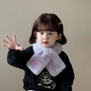 Korean Style Children's Scarf Plush Embroidered Bow Korean Style Sweet Baby's Scarf Warm Thickened Cross Scarf