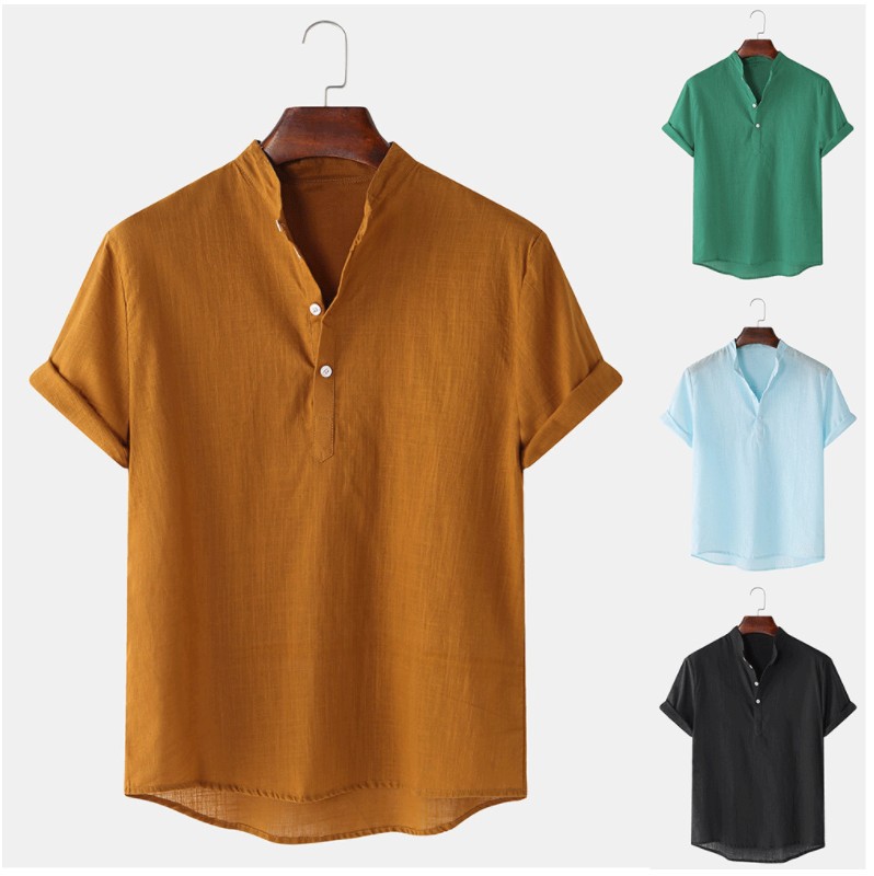 Foreign Trade Men's Clothing 2024 # Amazon Aliexpress Popular Summer Men's Cotton and Linen Breathable Solid Color Short-Sleeved Henley Shirt