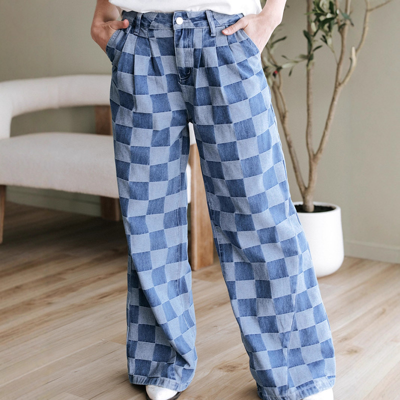 2025 Autumn New Loose High-Waisted Wide-Leg Casual Pants for Women European and American Fashion Checkerboard Print Jeans for Women