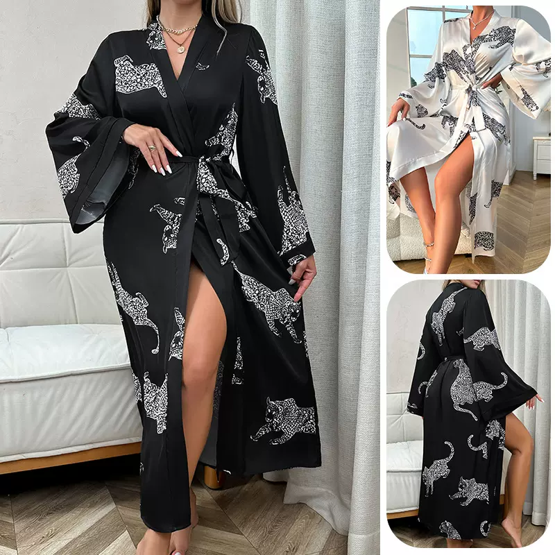 欧美亚马逊跨境女士长款缎面浴袍睡袍长袖系带性感家居服批发211