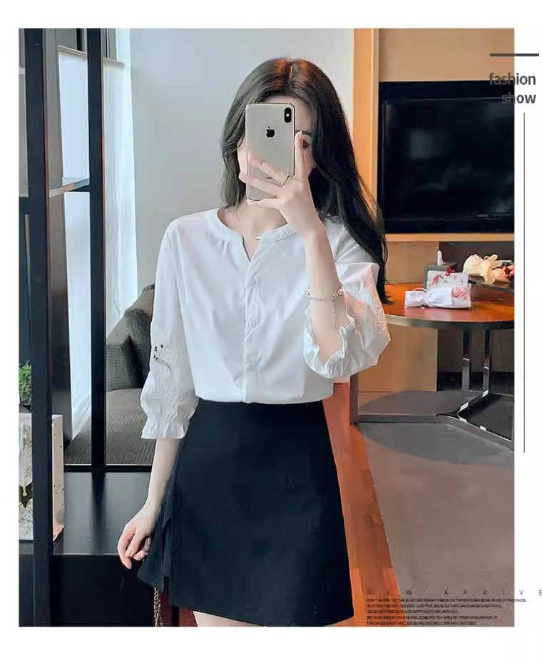 Áo sơ mi nữ tay ngắn phong cách cao cấp, tay phồng thêu rỗng — trắng chi tiết 7