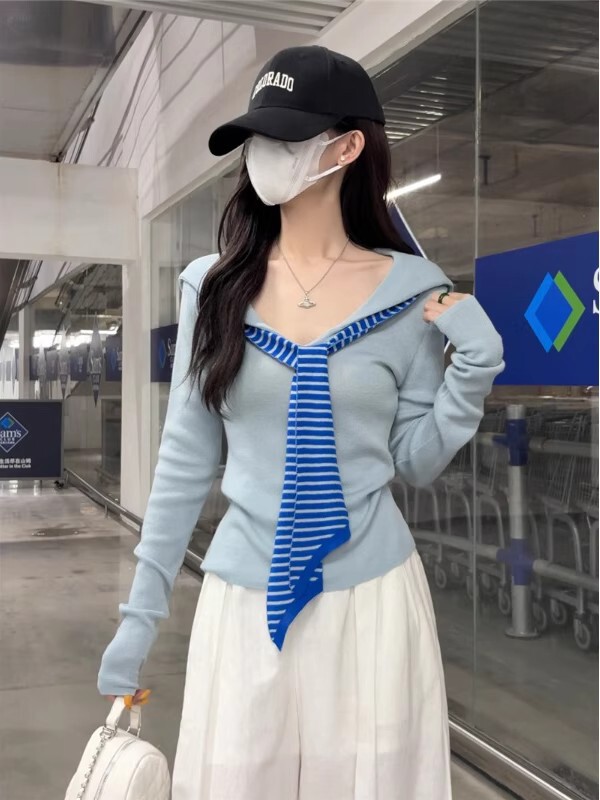 【Andy Velvet Washed】Navy Collar Contrast Color Shawl Long Sleeve Knit Sweater for Women, Autumn Versatile Slim Fit Fake Two-Piece Top