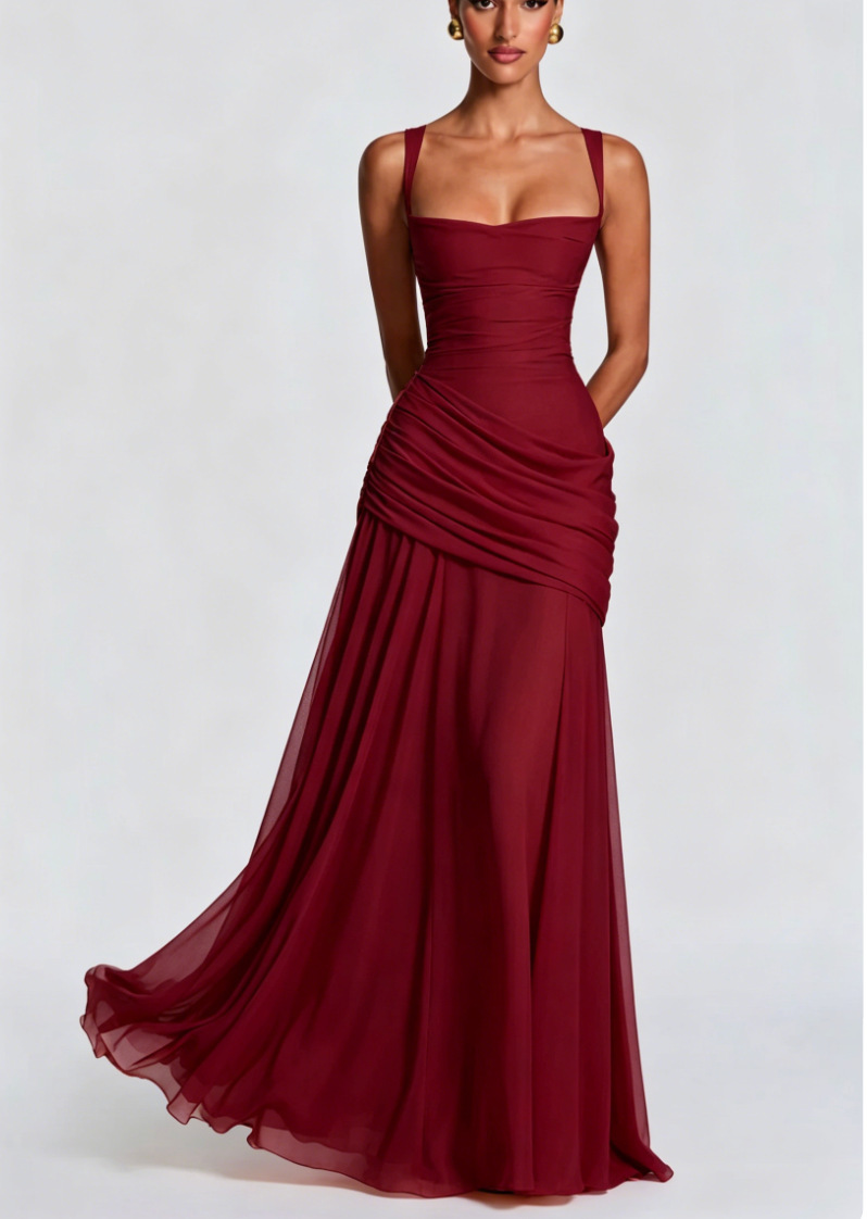 Elegant Chiffon Maxi Dress With Backless Design, Waist-Defining Silhouette For Banquets, Parties, And Special Occasions_ecoleips.com