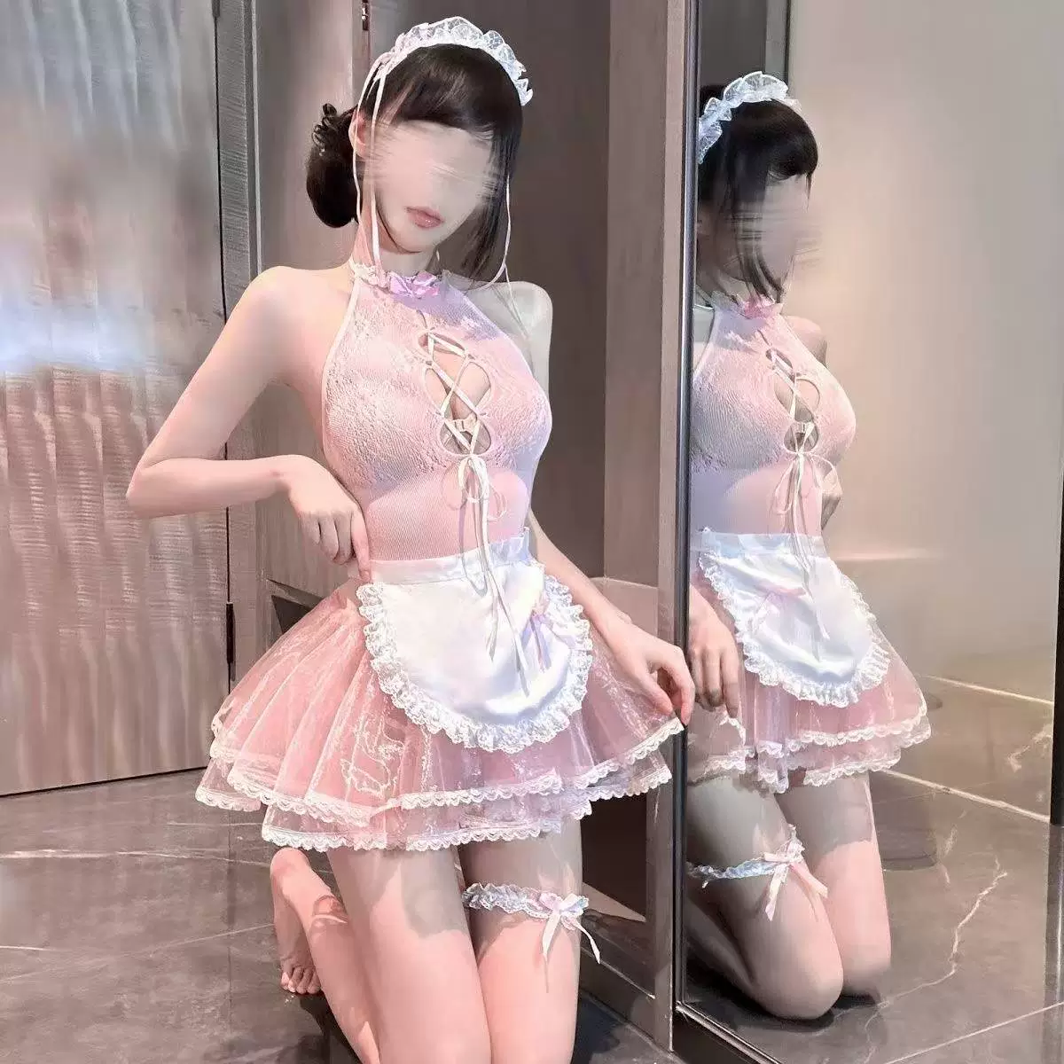 Соблазнительный прозрачный комплект нижнего белья: чулки, униформа горничной, ажурные чулки, соблазн, страсть, не нужно снимать, чистое желание, сексуальное кружевное белье, пижама.