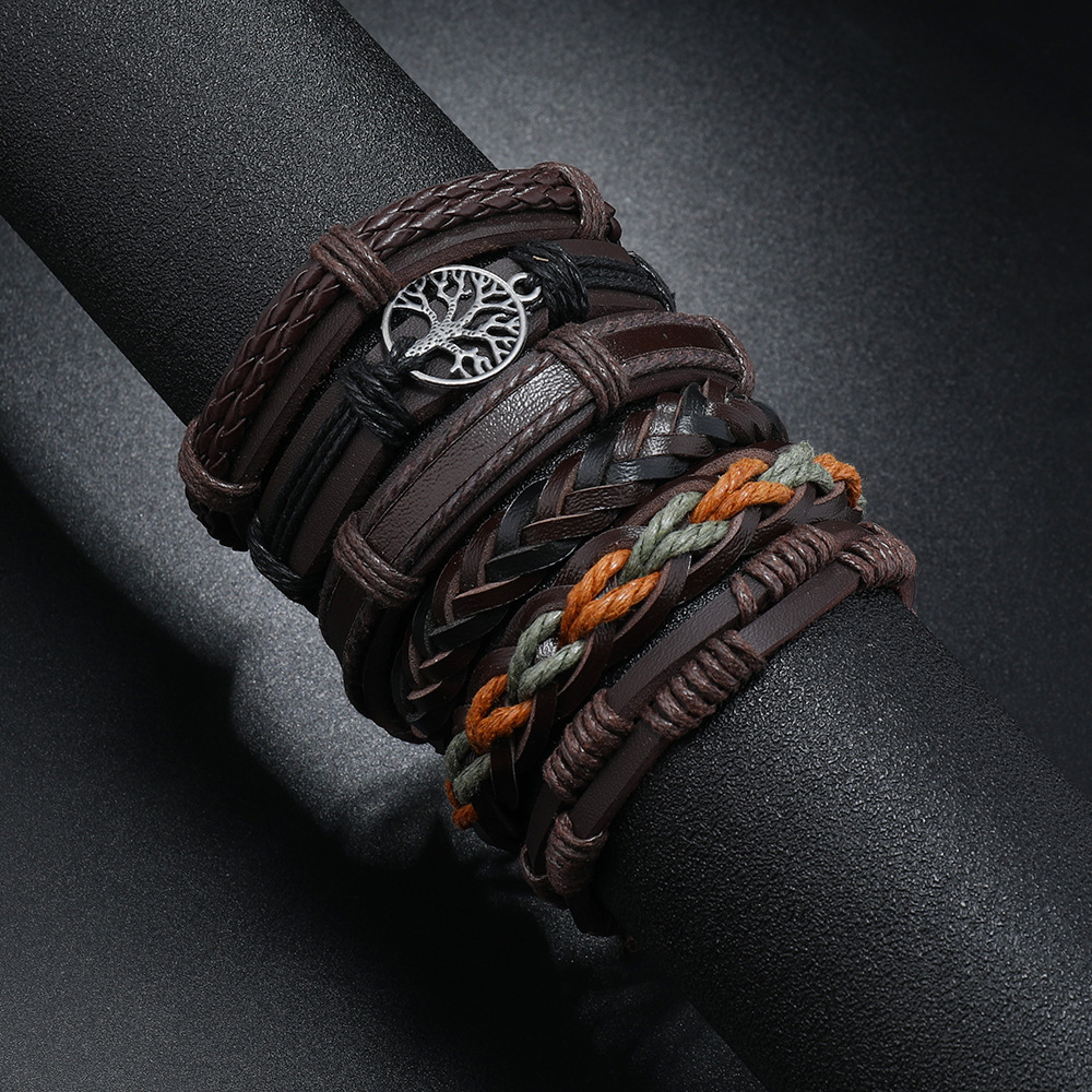 Pu Leather, Alloy, Wax line Material Retro Geometric Life Tree Pu Leather Alloy Wax Line Braid Men's Bracelets Drawstring Bracelets Men Cord & Leather Bracelets