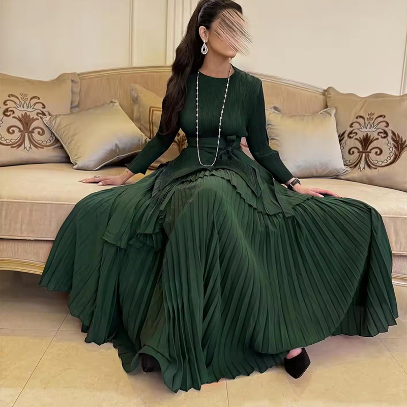 Vêtements pour femmes grande jupe cravate plissée taille haut costume deux pièces vêtements pour femmes automne nouvelle couleur unie_voghion.com