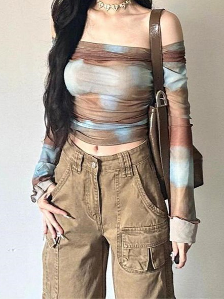 女性用ワンショルダーTシャツ、春スリムフィットトップ、グラデーションへそ出し長袖ボトムシャツ、2025年夏新スタイル|undefined