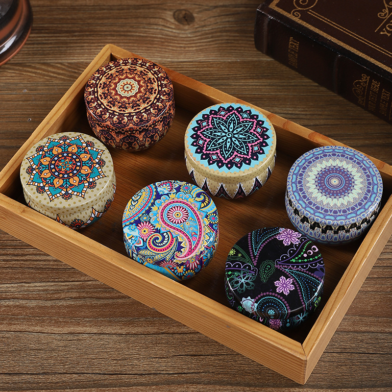 Tarro de vela colorido redondo retro aromaterapia vela té caja de almacenamiento de dulces engrosada mini estilo étnico pequeña lata