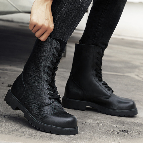 Top-Grade Calfskin Martin Boots for Men, Genuine Leather Boots with British Style, High-Collar Work Boots for Autumn and Winter, Mid-Collar Military Style Boots for Men