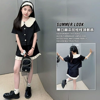 儿童装女童夏季小香风套装2026新款女童娃娃领短袖上衣短裙套装夏