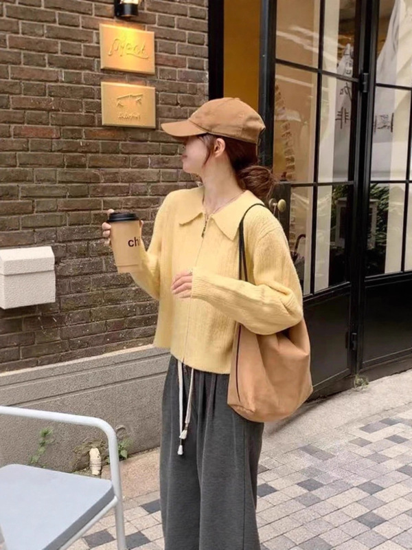 法式黄色翻领长袖毛衣外套女2025早秋新款双拉链设计针织开衫上衣|undefined