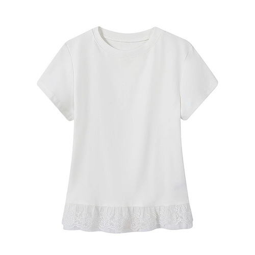 Pure Desire Lace Hem Crew Neck Short Sleeve T-Shirt for Women - 2025 Summer New Slimming Fashion Student Top