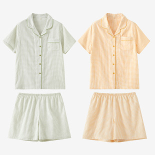 Special offer-muyin pajamas women's double gauze cotton short sleeve shorts spring and summer thin men's couple plaid home clothes