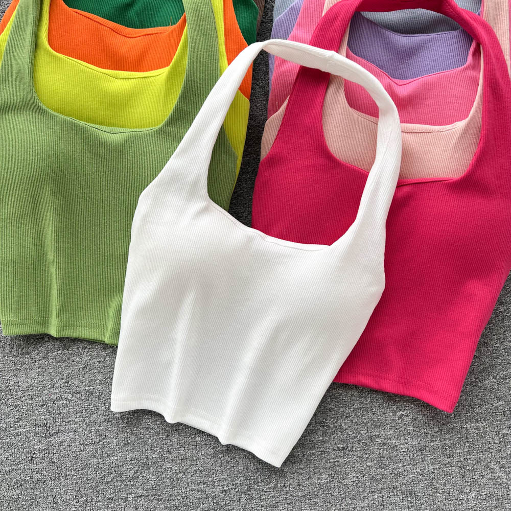 84g Weight Cotton, Rib Fabrics Fabric Type Short Top Length Vest Tops Type Holiday, Banquet, Daily Occasion Halter Neck Neckline Slim Fit Type Solid Color Pattern Summer Season Women's Gender Elegant, Streetwear Style Wholesale Women's Elegant Streetwear Solid Color Tank Tops 1
