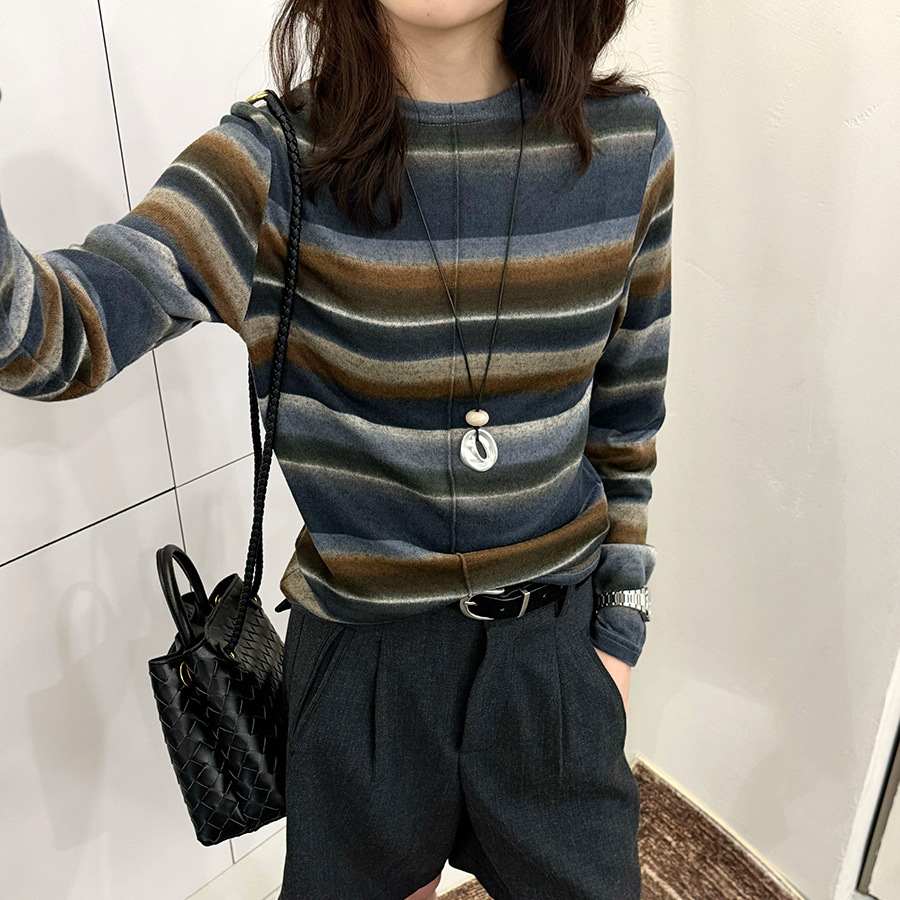 黎诺秋新款韩系撞色条纹长袖T恤女2025设计感时尚洋气显瘦打底衫
