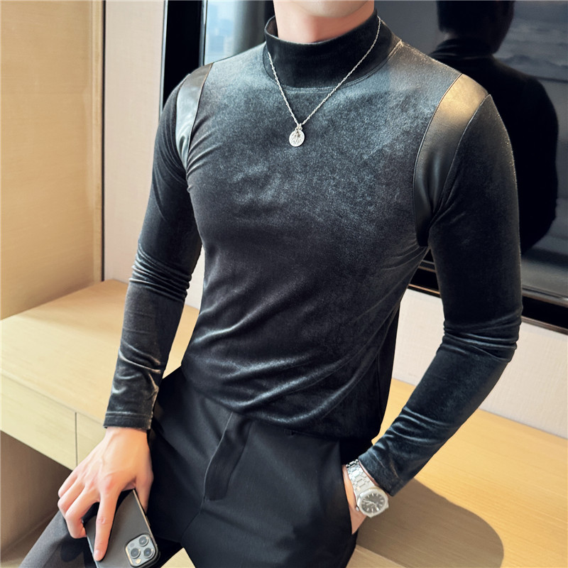 남성 의류 도매 남성 가을과 겨울 긴 소매 티셔츠 패션 골드 벨벳베이스 셔츠 하프 하이 칼라 슬림 핏 남성용 티셔츠