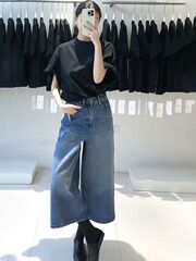 复古蓝七分阔腿牛仔裤女2025夏季新款梨形身材小个子直筒裤ins潮