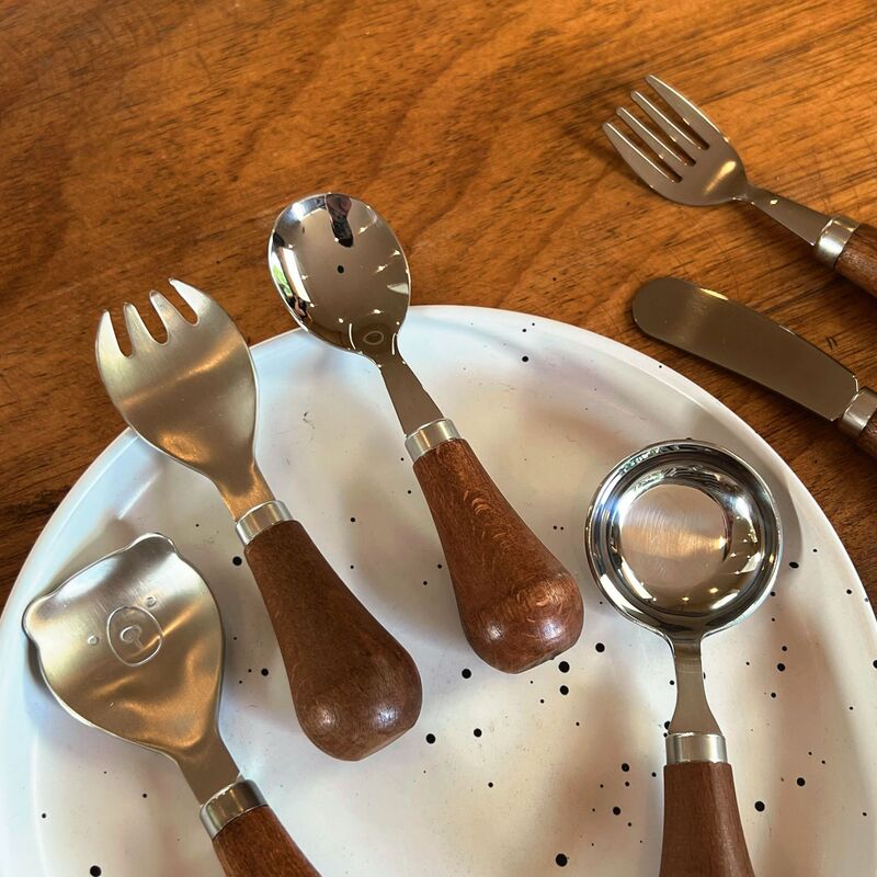 Wooden Household 304 Stainless Steel Standable Cutlery, Cute Children's Bear-Shaped Spoon and Fork, High Aesthetic Value Dining Dessert Spoon