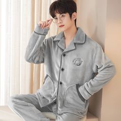 秋冬睡衣男加厚法兰绒套装中青年珊瑚绒家居服加绒开衫大码保暖