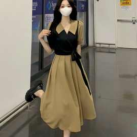 大码女装翻领连衣裙女夏季系带收腰马甲假两件娃娃领中长款连衣裙