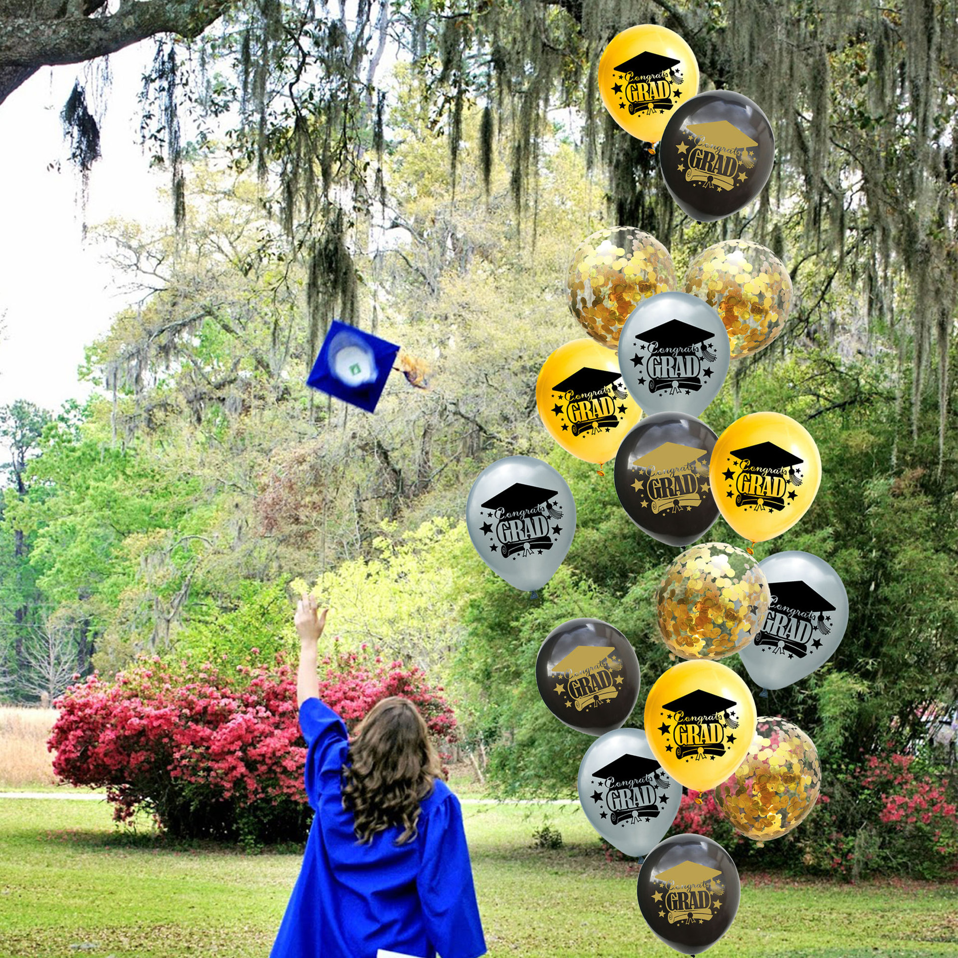 Temporada de graduación de Oro Negro tema Fiesta tire bandera espiral decoración aula foto pared graduación temporada fiesta globo Decoración