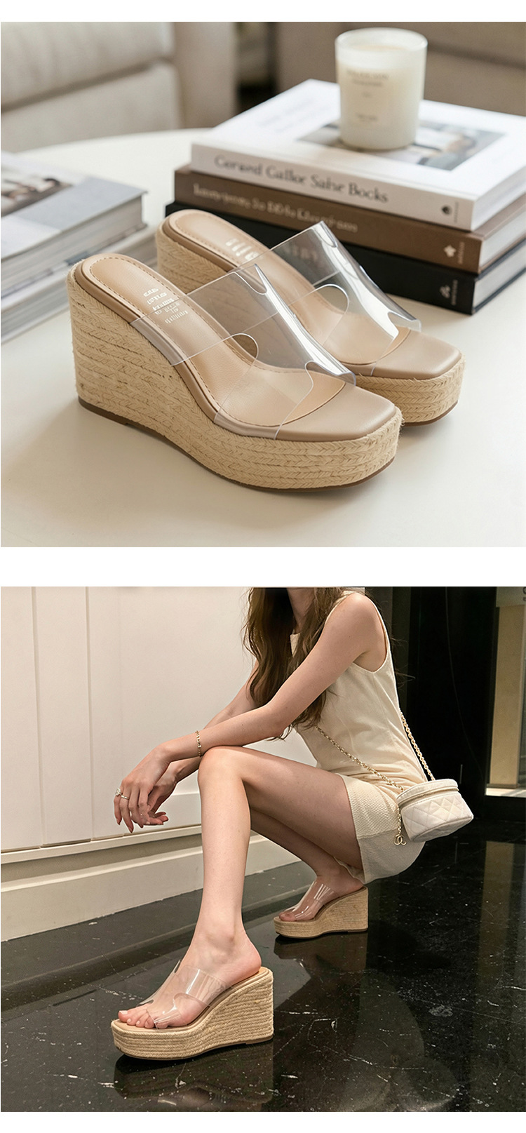 Sandal cao gót nữ hở mũi đế xuồng đan rơm, gót 9 cm — màu trắng, màu mơ chi tiết 15