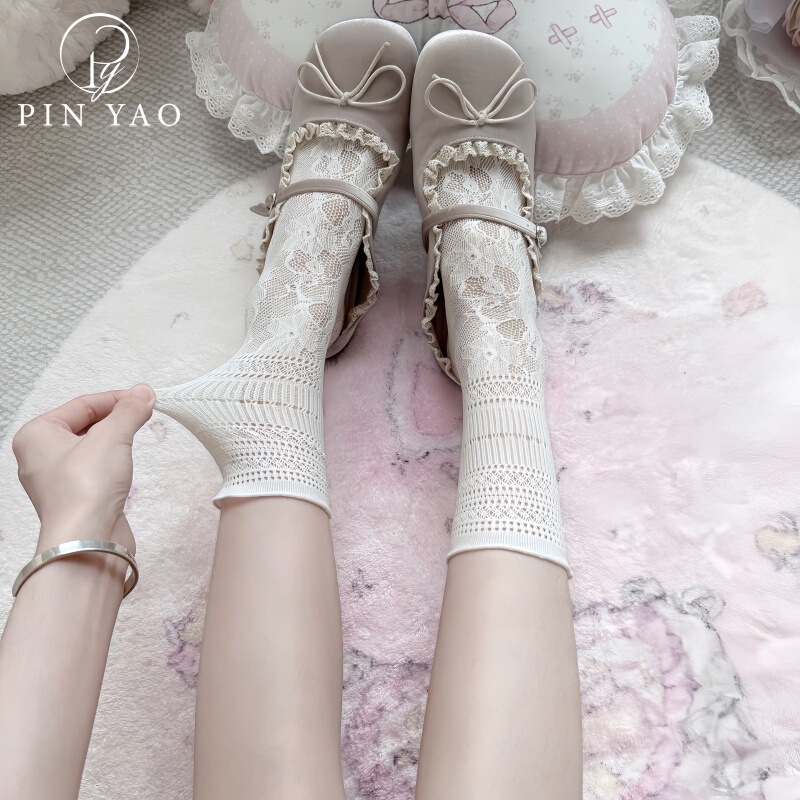 Cute Lolita Jacquard Bow Lace-Up Shoes for Women Versatile Cute Calf Socks Slouch Socks