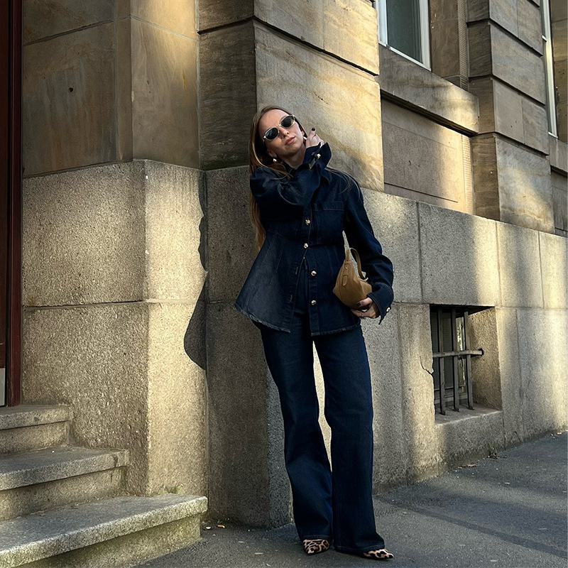 Women's Lapel Denim Shirt And Trousers Set European And American Style Spring New Clothing Cross Border 2025_ecoleips.com