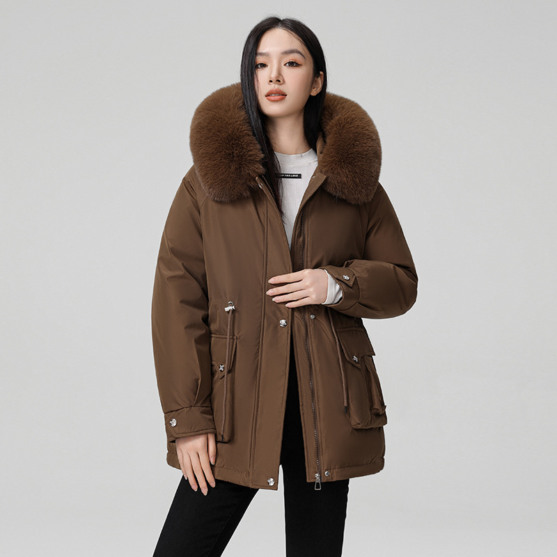 Paquete de mujeres de invierno nuevo estilo coreano de cintura delgada con capuzas cuello de pelo más chaqueta de algodón mediano largo image 9