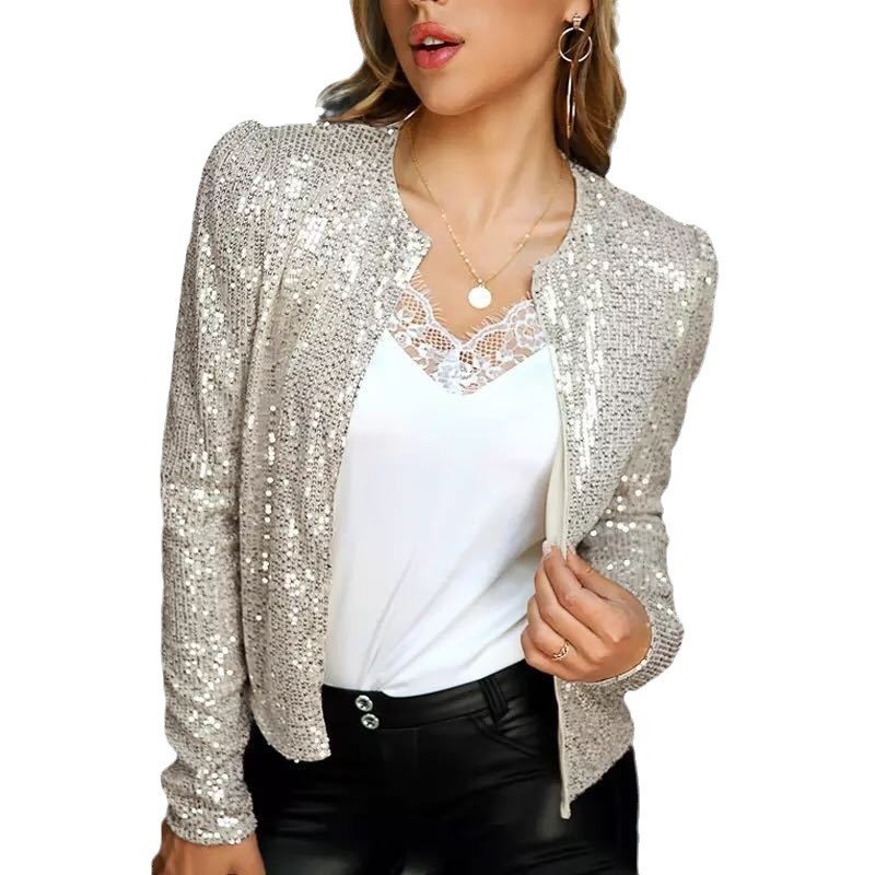 Damen Strickoberteil Mit Stehkragen Und Pailletten Farbmix_voghion.com