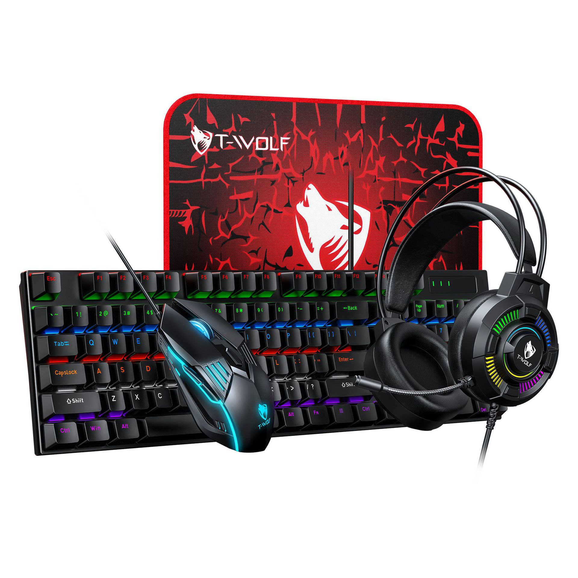 Set gamer T-WOLF TF700: teclado mecánico, ratón, auriculares y alfombrilla, kit completo para juegos